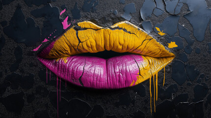 Vibrant graffiti lips mural painted on a cracked black wall showcasing bright yellow and pink colors