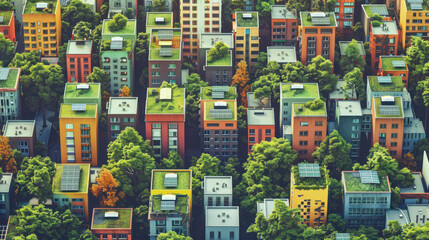 Obraz premium A city showing both negative environmental impacts like pollution and positive initiatives like solar panels and green rooftops