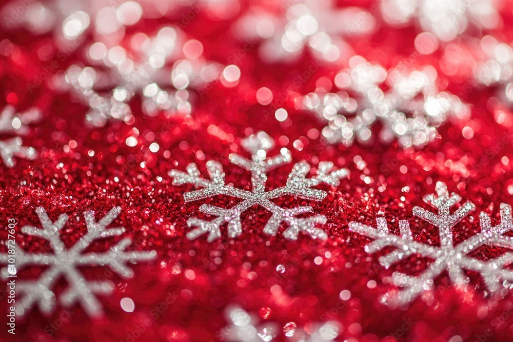 Poster Close-up of intricate snowflake patterns on a vibrant red background