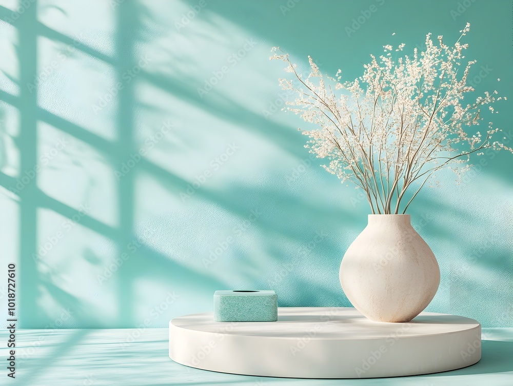 Poster Tranquil aquamarine studio space with simple podium display on bare flooring soft window lighting casting shadows across the countertop a minimalist product render scene