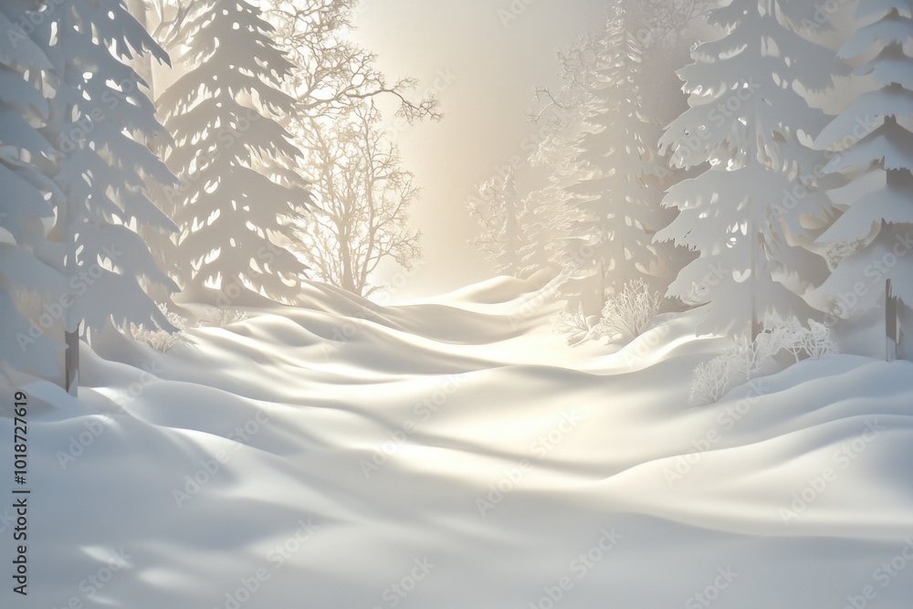 Poster a serene snowy path surrounded by trees in a dense forest