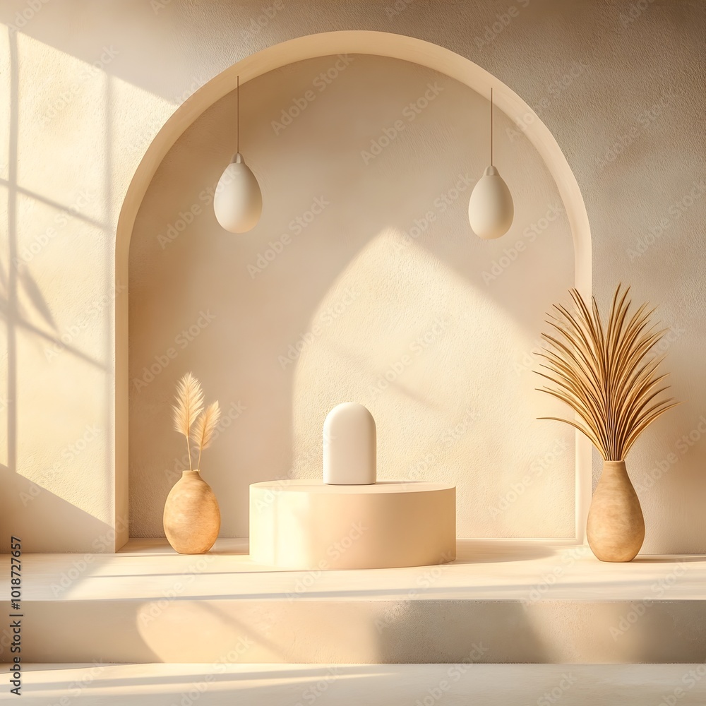 Poster elegant and minimalist 3d studio space featuring a warm beige backdrop clean floor and wall surfaces