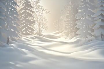 Fototapeta premium A serene snowy path surrounded by trees in a dense forest