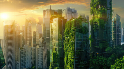 Obraz premium A city skyline featuring green architecture, with buildings covered in vertical gardens, solar panels, and sustainable materials