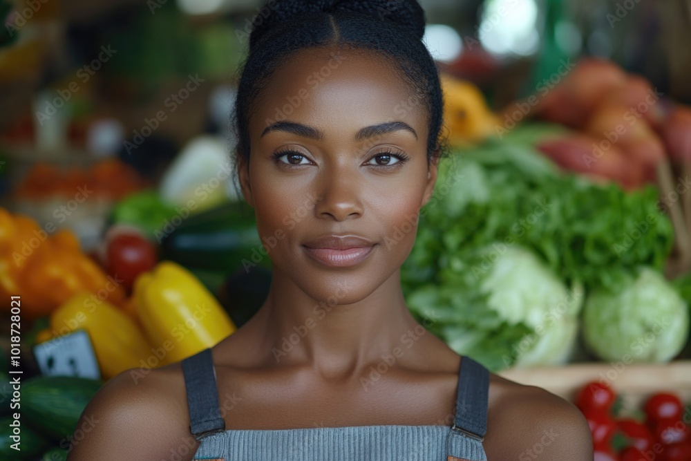 Canvas Prints A woman stands in front of a pile of fresh vegetables, possibly preparing for meal preparation or grocery shopping