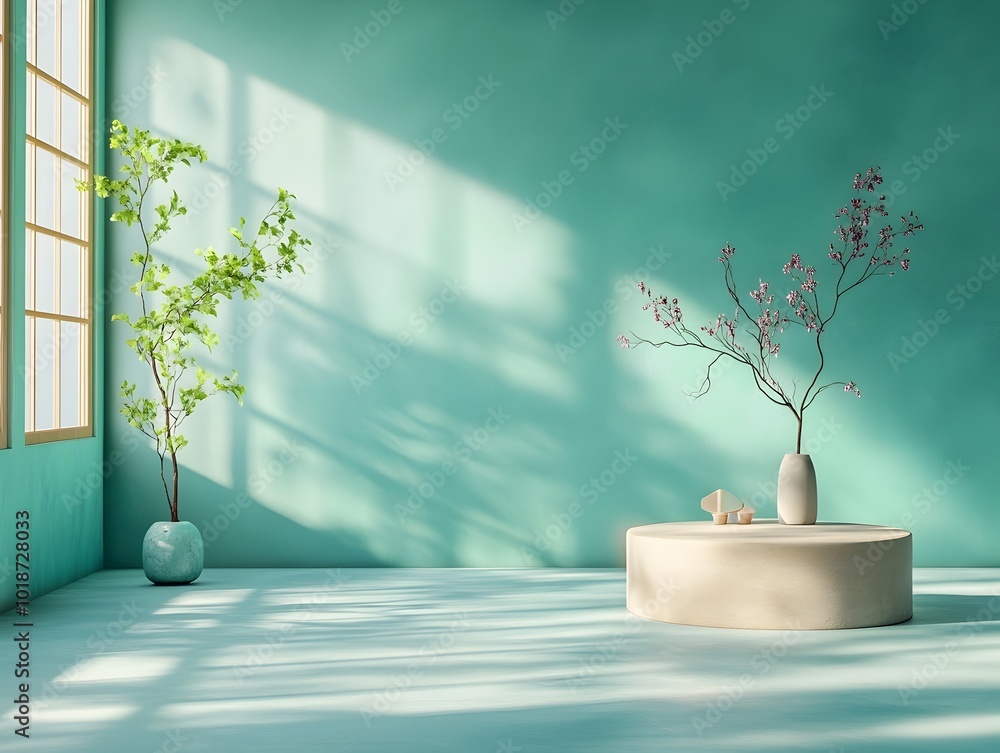 Poster serene and minimalistic 3d studio space with teal green backdrop bare floor and wall product display
