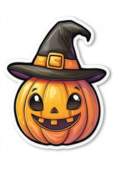 Sticker of a happy pumpkin with a witch hat