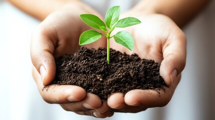 A close-up of hands holding rich soil with a growing seedling, symbolizing care for nature and environmental sustainability.
