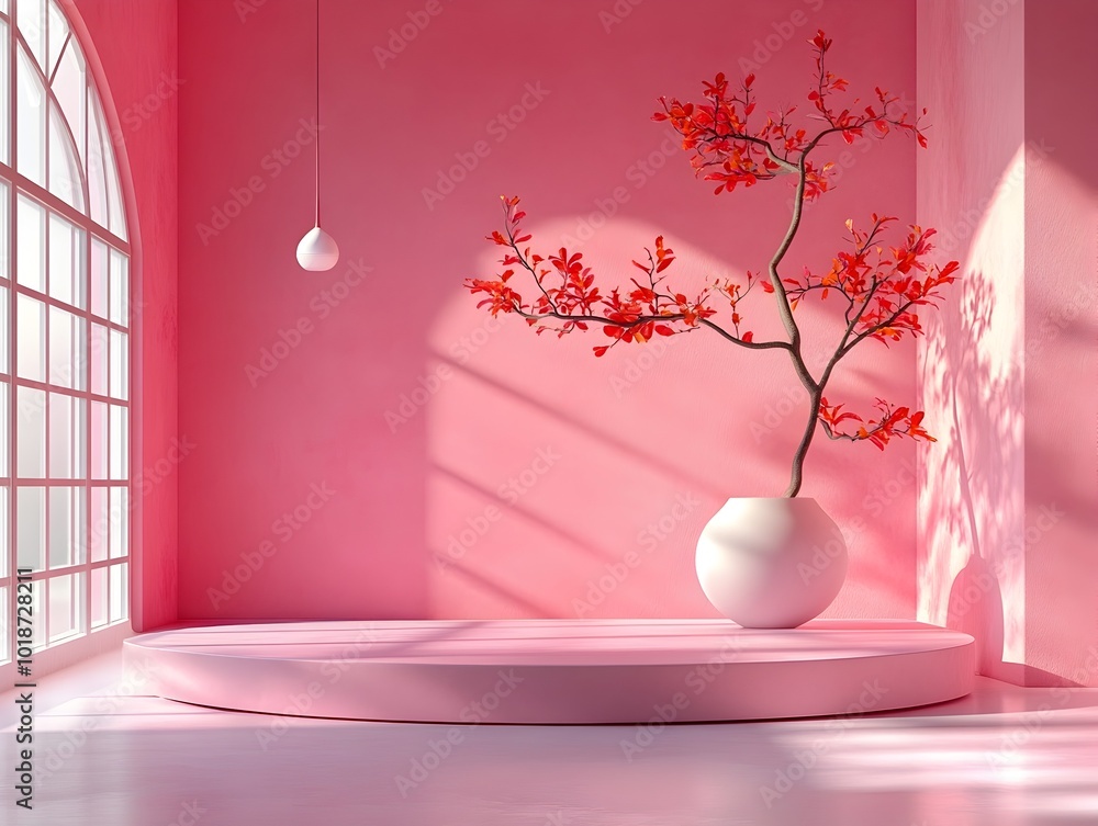 Poster sleek and modern 3d studio space featuring a striking fuchsia backdrop minimalist furnishings includ