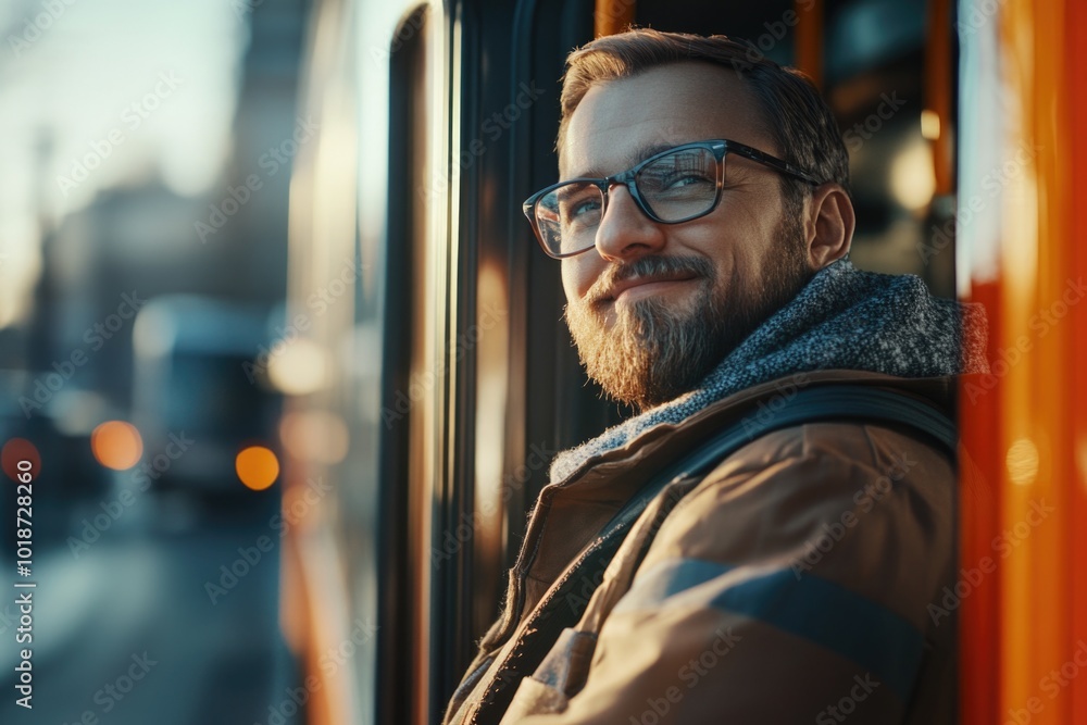 Poster a person gazes out the bus window, observing the outside view