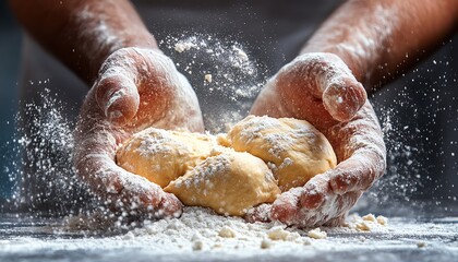 Fototapeta premium Hands holding fresh dough, surrounded by flour, capturing the essence of baking and culinary creativity.