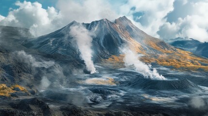Naklejka premium A Volcanic Landscape with Steam Rising from Craters