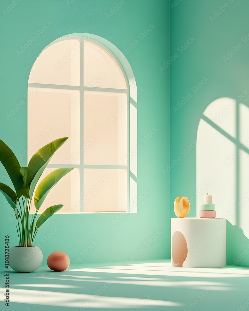 Poster bright 3d studio space with turquoise accent wall simple empty room with product display pedestal sh