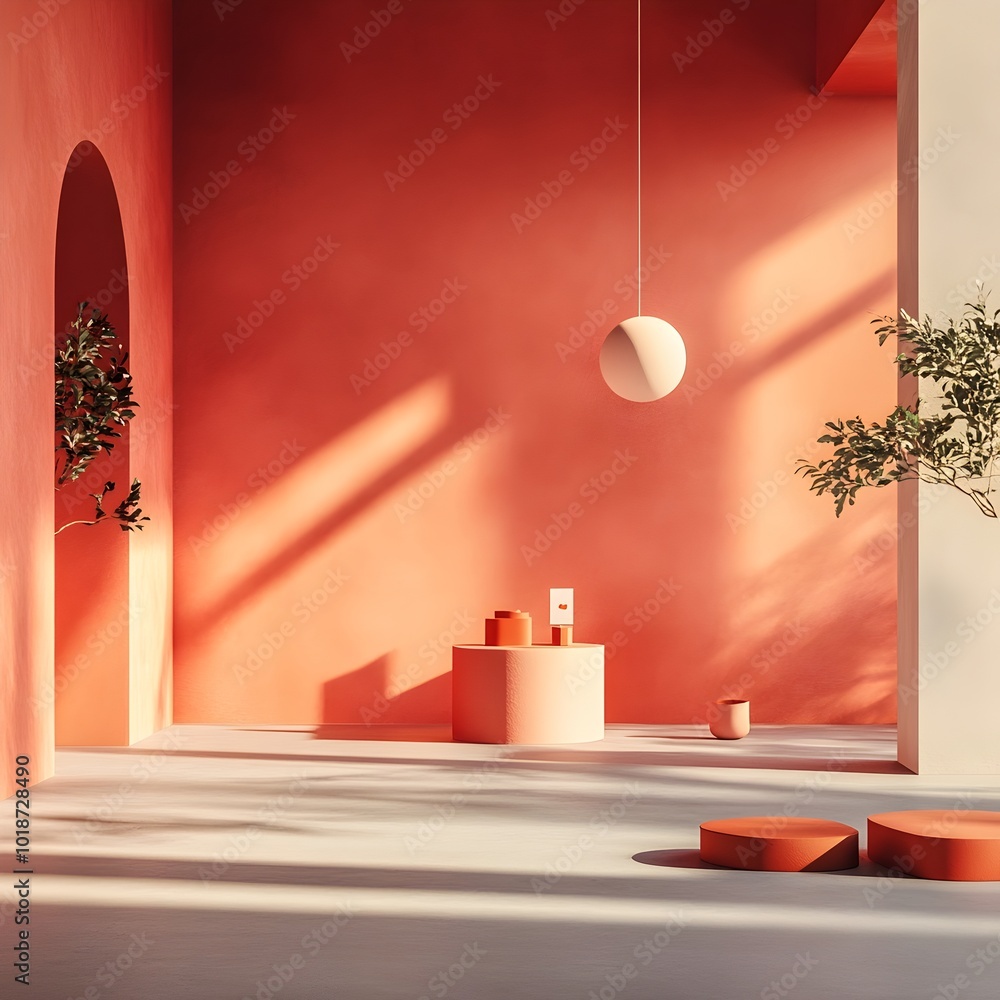 Poster rendered 3d studio space showcasing striking vermilion walls uncluttered concrete floor and an angul