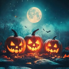 Jack Oâ Lanterns Glowing At Moonlight In The Spooky Night - Halloween Scene