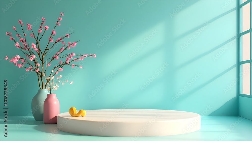 Poster elegant teal colored 3d studio room with an empty floor walls and a simple product podium soft sunli