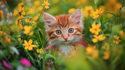 A small kitten sitting among blooming flowers