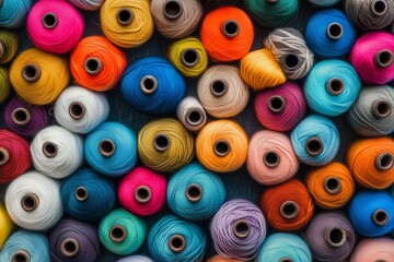 Fototapeta premium Threads in a tailor textile fabric background with colorful cotton threads of all colors 