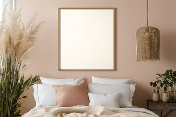 A blank framed artwork or poster, blank for design mockups, hanging on the wall of a bedroom over the bed, with a modern or stylish or minimalist interior, Empty picture frame mockup, Design template