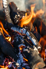 Red hot charcoal and a flame of fire.Close-up of fire, glowing charcoal and hot embers. The texture...
