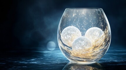 3D rendering of glossy white and gold spheres and glass spheres with white and gold swirls in an elegant vase against a dark background with reflective lighting and a luxurious finish.