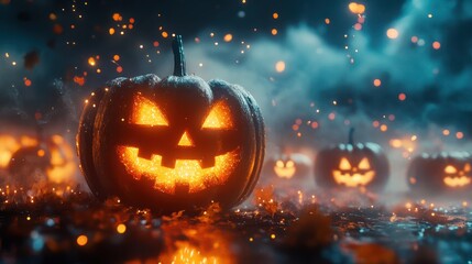 Jack O' Lanterns Glowing In Fantasy Night. Halloween Background