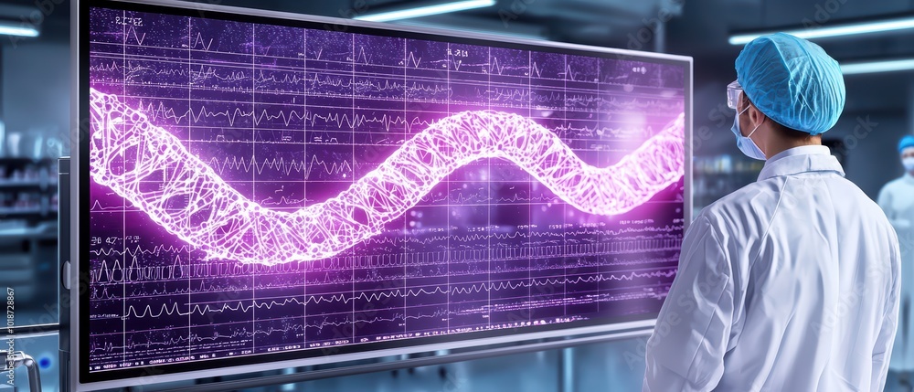 Poster scientist analyzing genetic data on a large screen in a high-tech lab, showcasing advanced research 