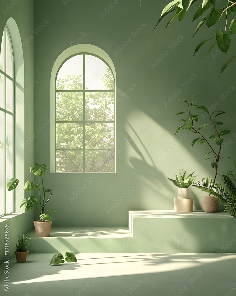 Poster tranquil and serene 3d rendered interior studio environment with a soothing green color palette a ba