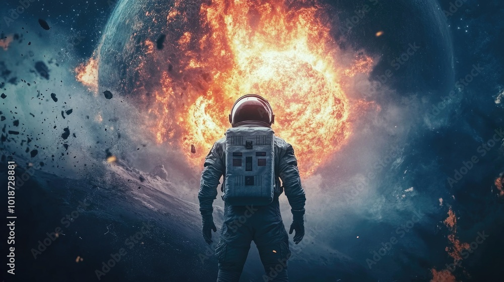 Poster astronaut stands near massive explosion on a distant planet