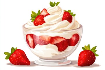 Fresh whipped cream topped with sliced strawberries in a glass bowl