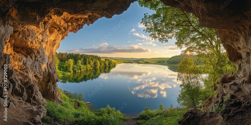 Poster a serene lake scene captured from within a dark cave, offering a unique perspective