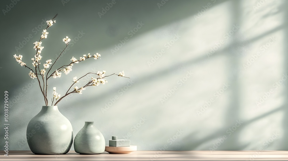 Poster Tranquil and serene 3D studio scene featuring an empty interior with a product display pedestal muted sage colored walls and a natural shadow effect from the window lighting