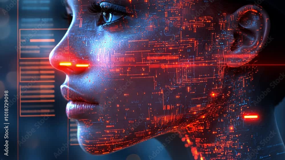 Poster futuristic portrait blending human features with digital patterns in a sci-fi inspired setting