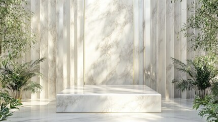 A white marble bench sits among plants in a cozy room