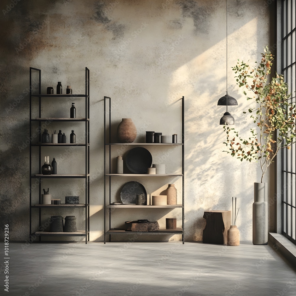 Aufkleber tranquil 3d studio setting with a minimalist pewter toned environment featuring a bare floor shelvin