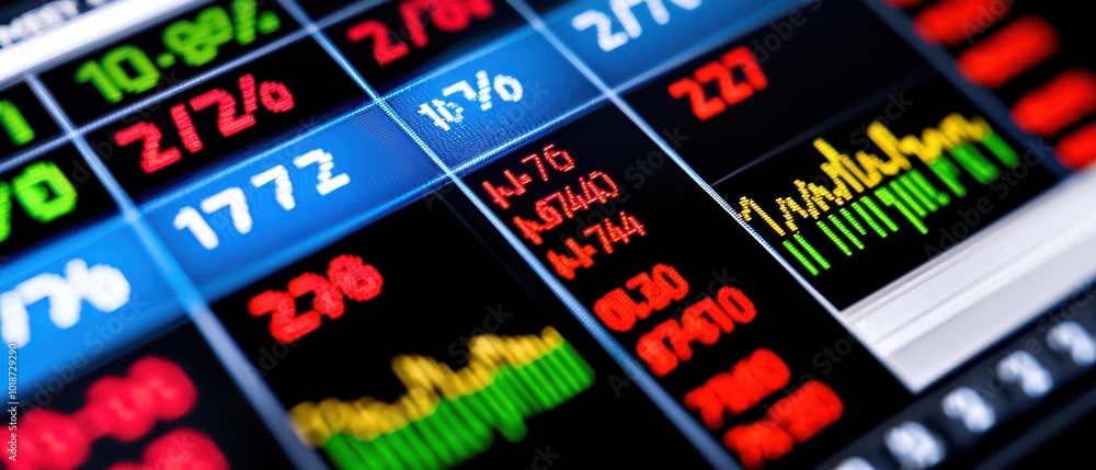 Poster stock market trading screen displaying various financial data and charts on a vibrant interface.