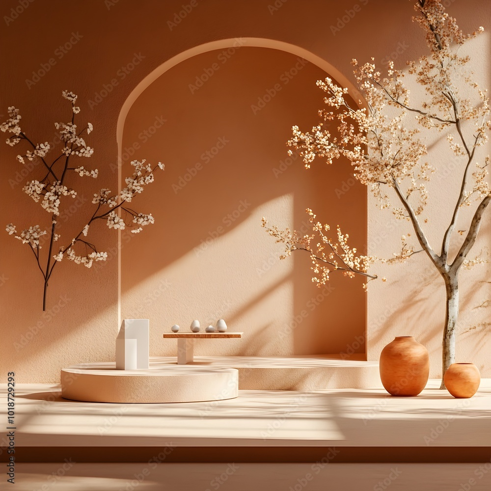 Poster tranquil and serene 3d studio space featuring earthy terracotta tones bare floor and wall with a dis