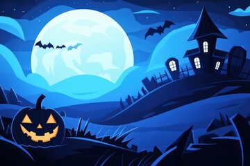 Spooky Halloween scene featuring a glowing pumpkin, a haunted house, bats, and a full moon in a dark blue night sky.
