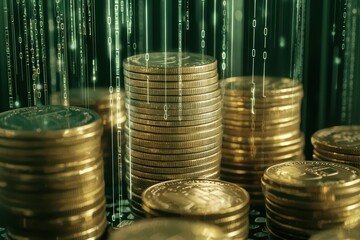 Stacks of shiny coins representing wealth with a digital code background.