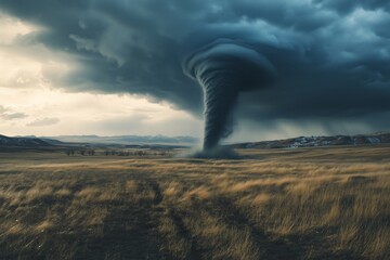 Tornado In Stormy Landscape - Climate Change And Natural Disaster Concept 