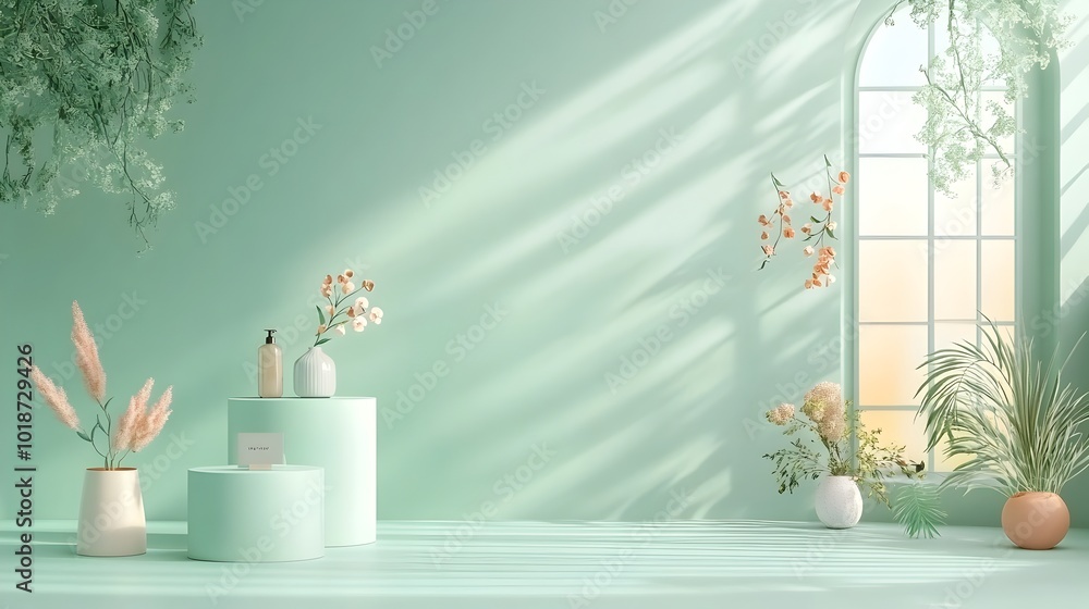 Poster tranquil 3d studio scene with empty interior minimal sage colored walls and a clean display pedestal