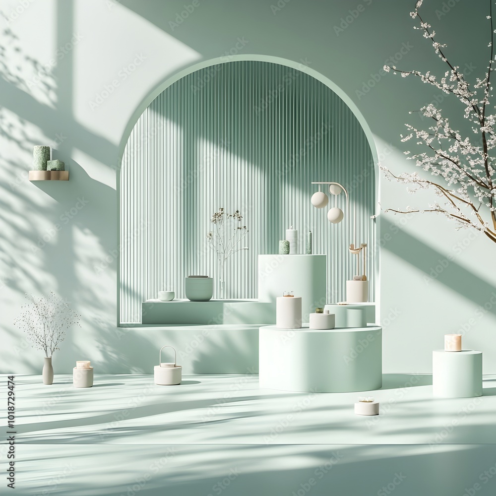 Aufkleber tranquil product display room with soothing sage green color scheme clean bare floor and walls centr
