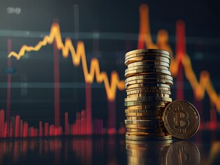 A coin stack next to a financial graph chart represents rising trends, and a detailed market report highlights cash and currency movements in the evolving financial landscape.