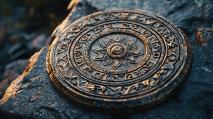Fototapeta premium Close-up shot of a stone with a decorative medallion