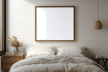 A blank framed artwork or poster, blank for design mockups, hanging on the wall of a bedroom over the bed, with a modern or stylish or minimalist interior, Empty picture frame mockup, Design template