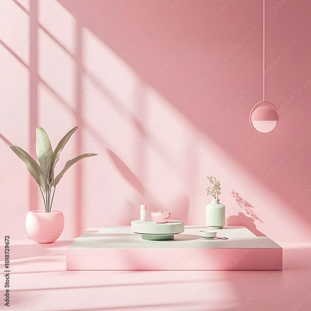 Poster tranquil 3d studio environment with soft pink hue pervading the backdrop bare floors and walls creat