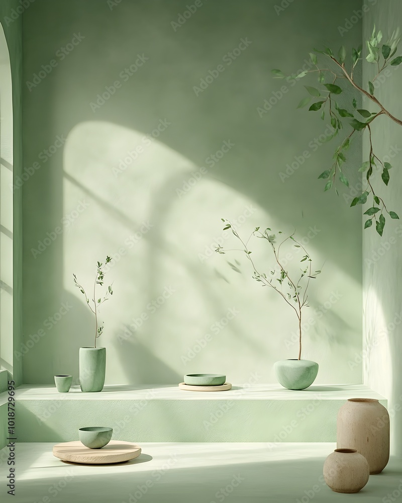 Poster tranquil and serene 3d studio environment featuring a soothing green color palette bare floors and w