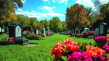 Serene cemetery landscape with vibrant flowers.