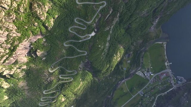 Lysefjord, Norway, the most Picturesque Fjord. Aerial Drone Shot showcasing towering cliffs and serene waters. Lysebotn.