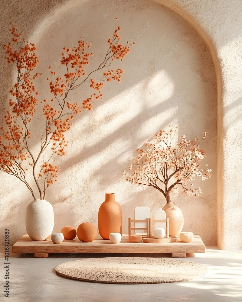 Poster tranquil 3d studio scene featuring an organic earth toned backdrop an empty interior with a simple d